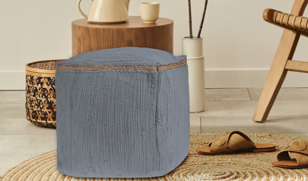 18" Gray and Natural Cotton And Jute Cube Pouf Ottoman