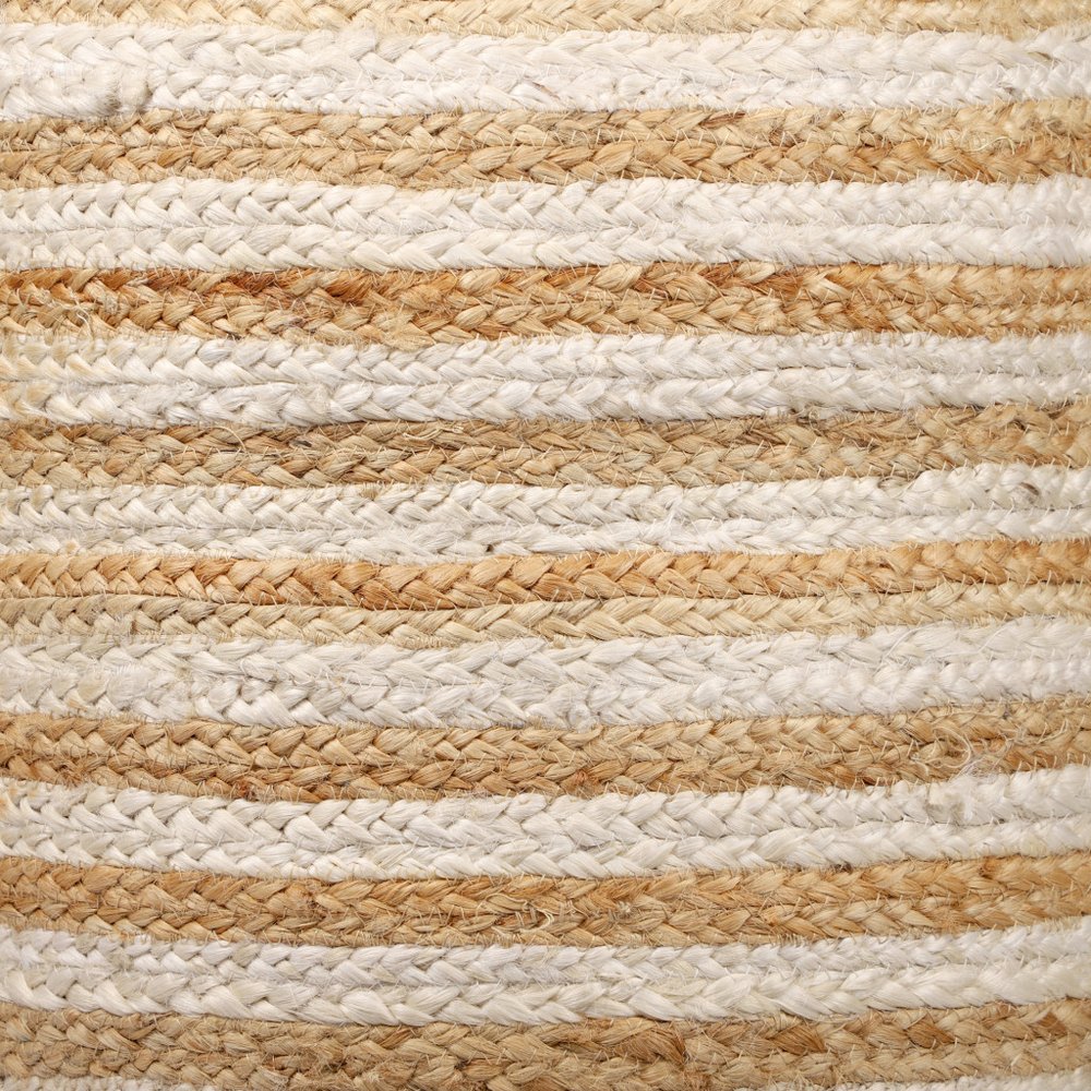 18" Natural And White Jute Blend Cylinder Striped Pouf Ottoman