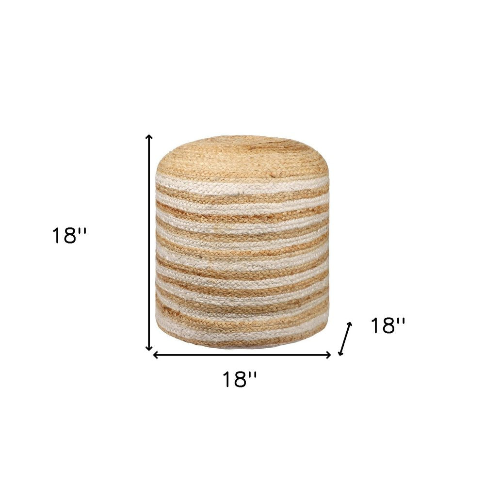 18" Natural And White Jute Blend Cylinder Striped Pouf Ottoman