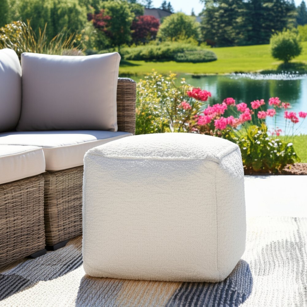 18" Beige Polyester Cube Outdoor Pouf Ottoman