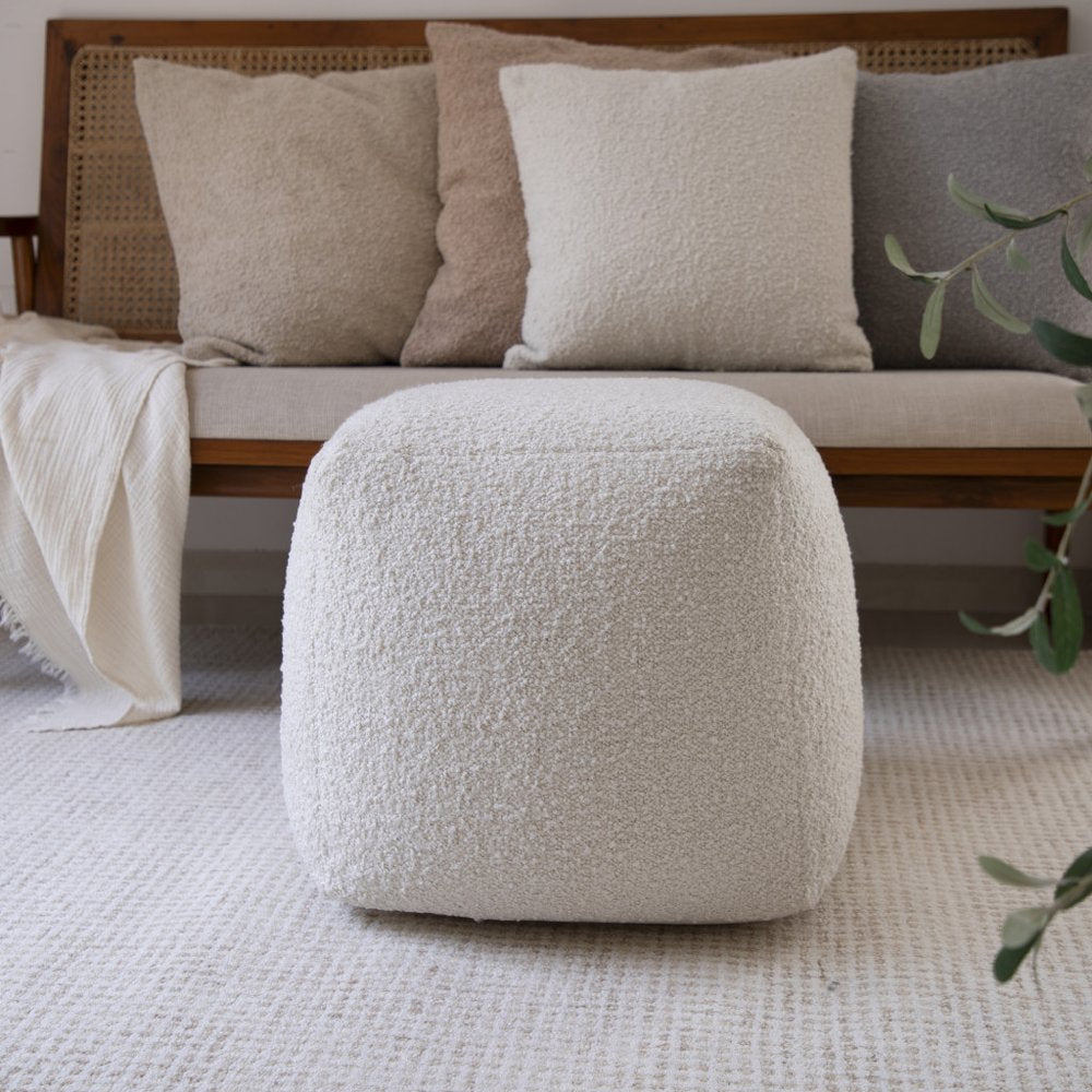 18" Beige Polyester Cube Outdoor Pouf Ottoman