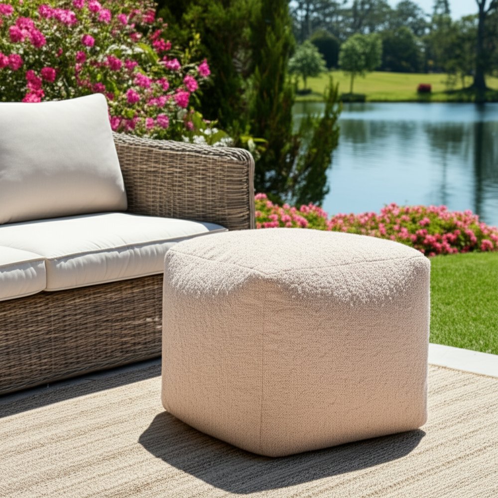18" Beige Polyester Cube Outdoor Pouf Ottoman