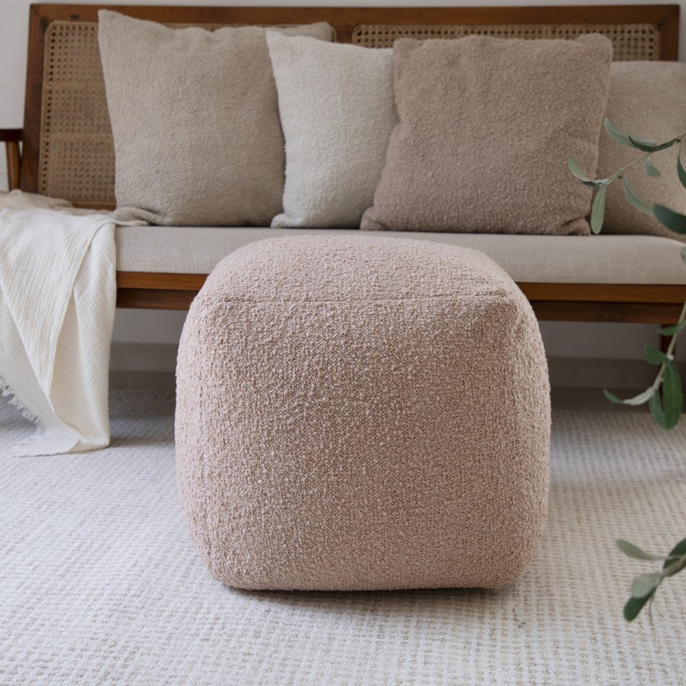 18" Beige Polyester Cube Outdoor Pouf Ottoman
