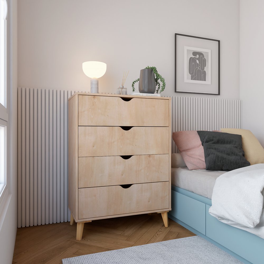 Cómoda de cuatro cajones de madera natural de 30"
