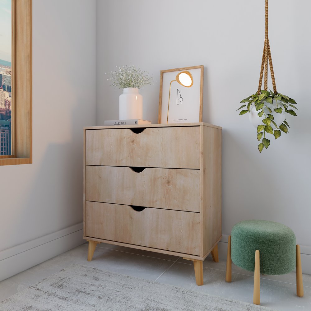 Cómoda de tres cajones de madera natural de 30"