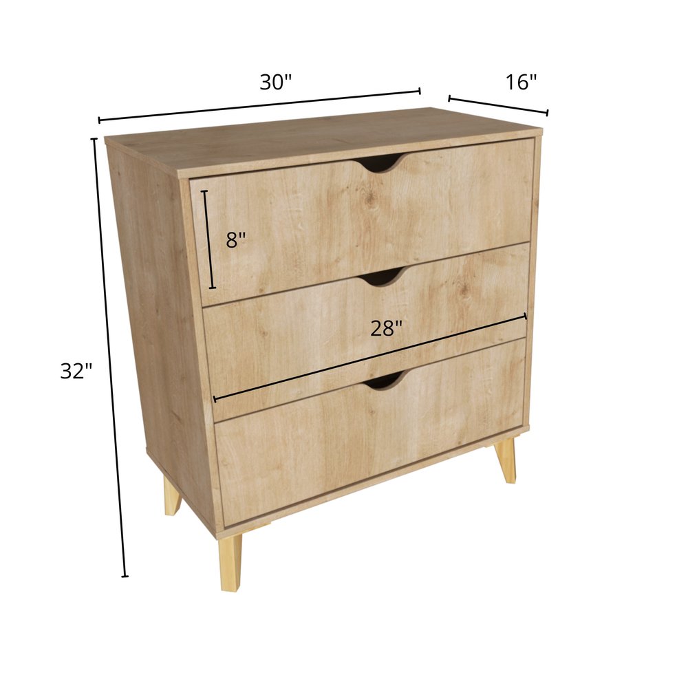 Cómoda de tres cajones de madera natural de 30"