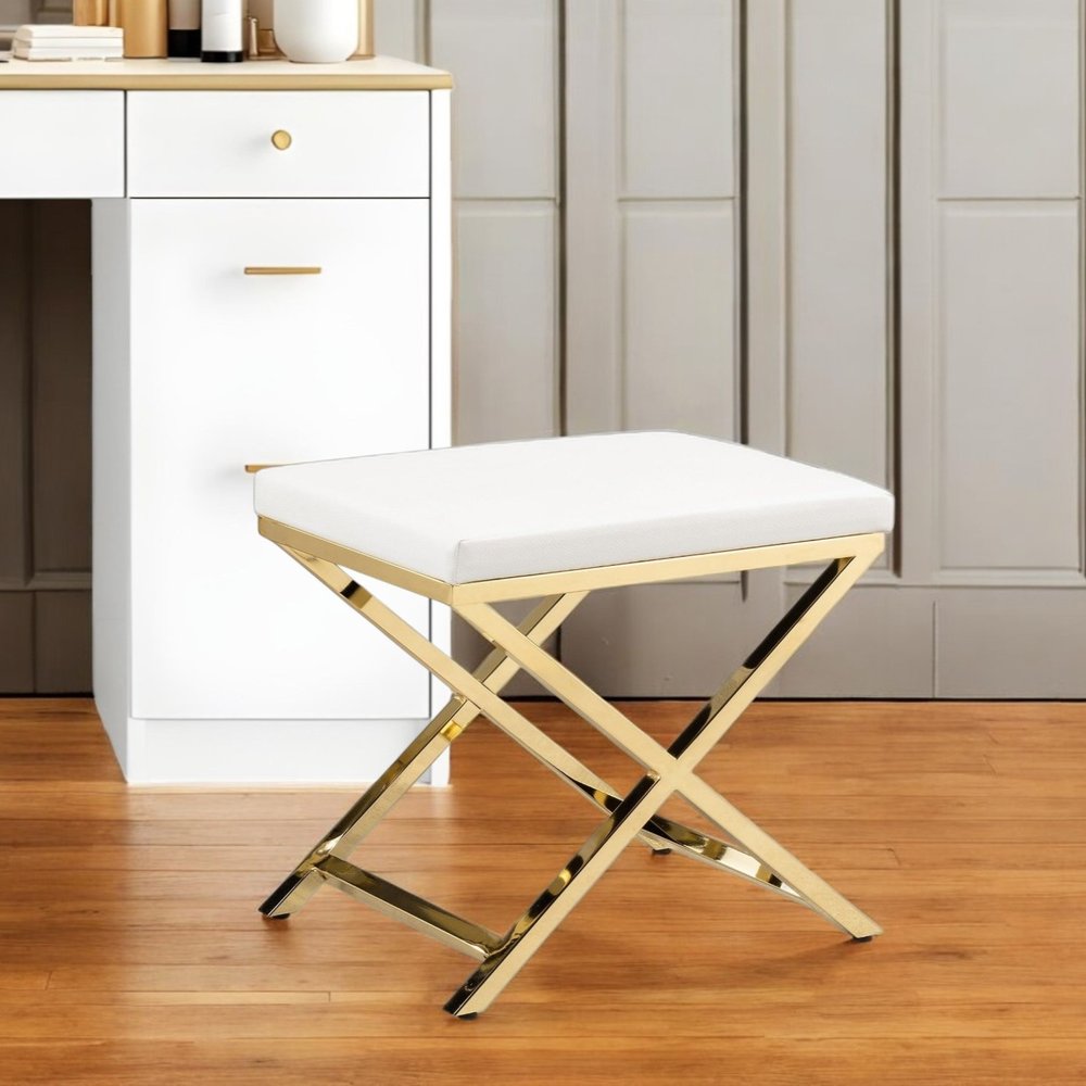 21" White and Gold Faux Leather Vanity Chair