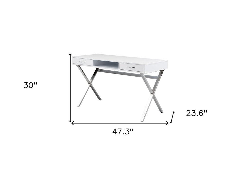 47" White and Silver Wood and Metal Computer Desk With Two Drawers