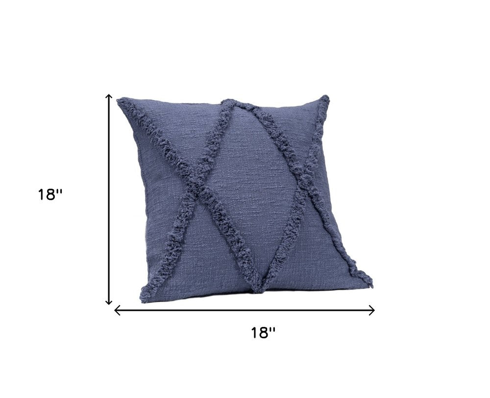Set of Two Blue Diamond Cotton Throw Pillow With Fringe