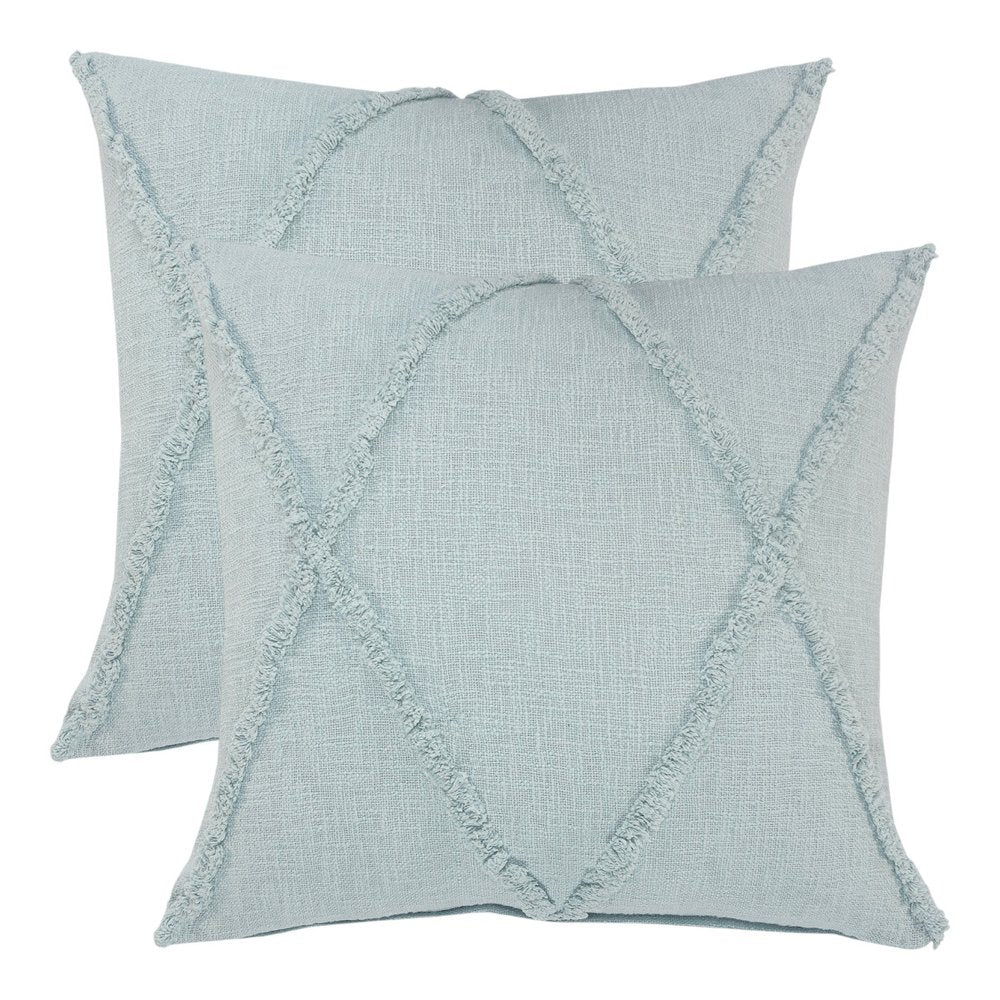 Set of Two Blue Diamond Cotton Throw Pillow With Fringe