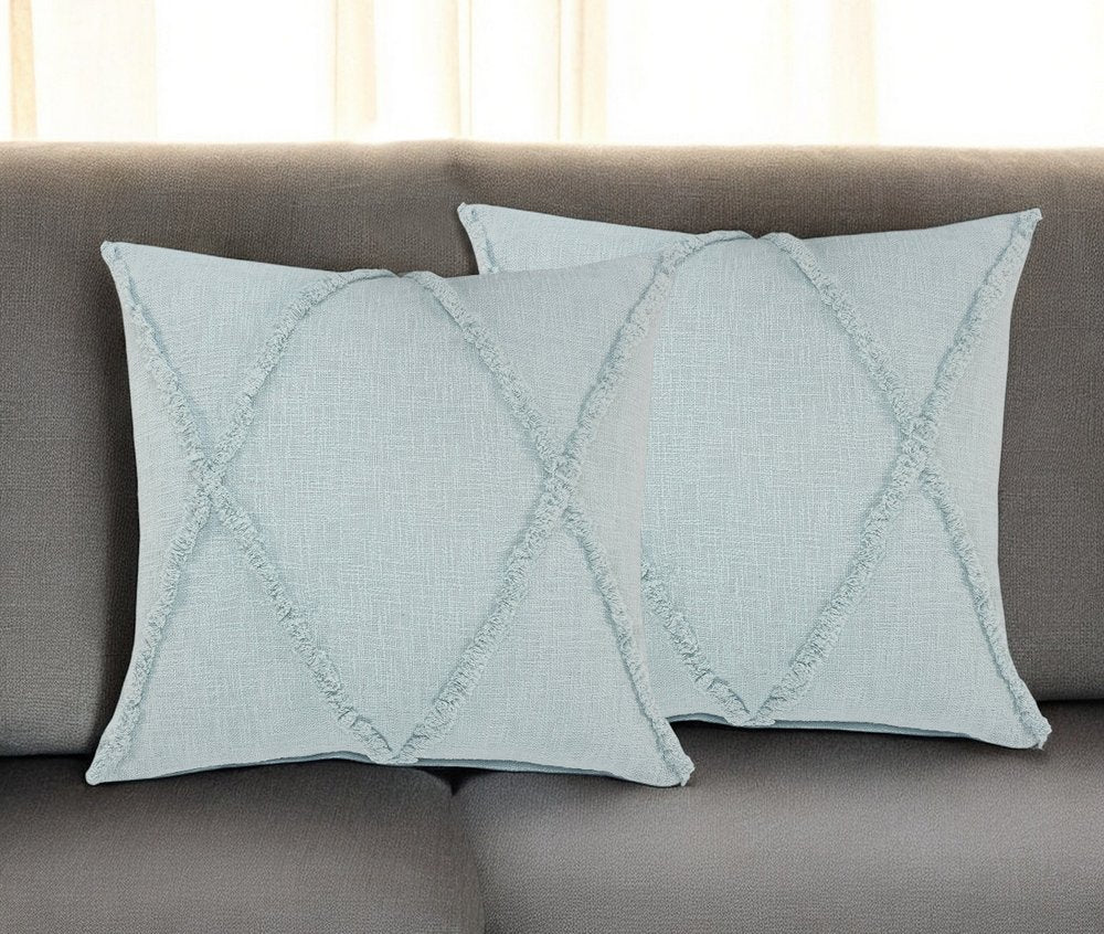 Set of Two Blue Diamond Cotton Throw Pillow With Fringe