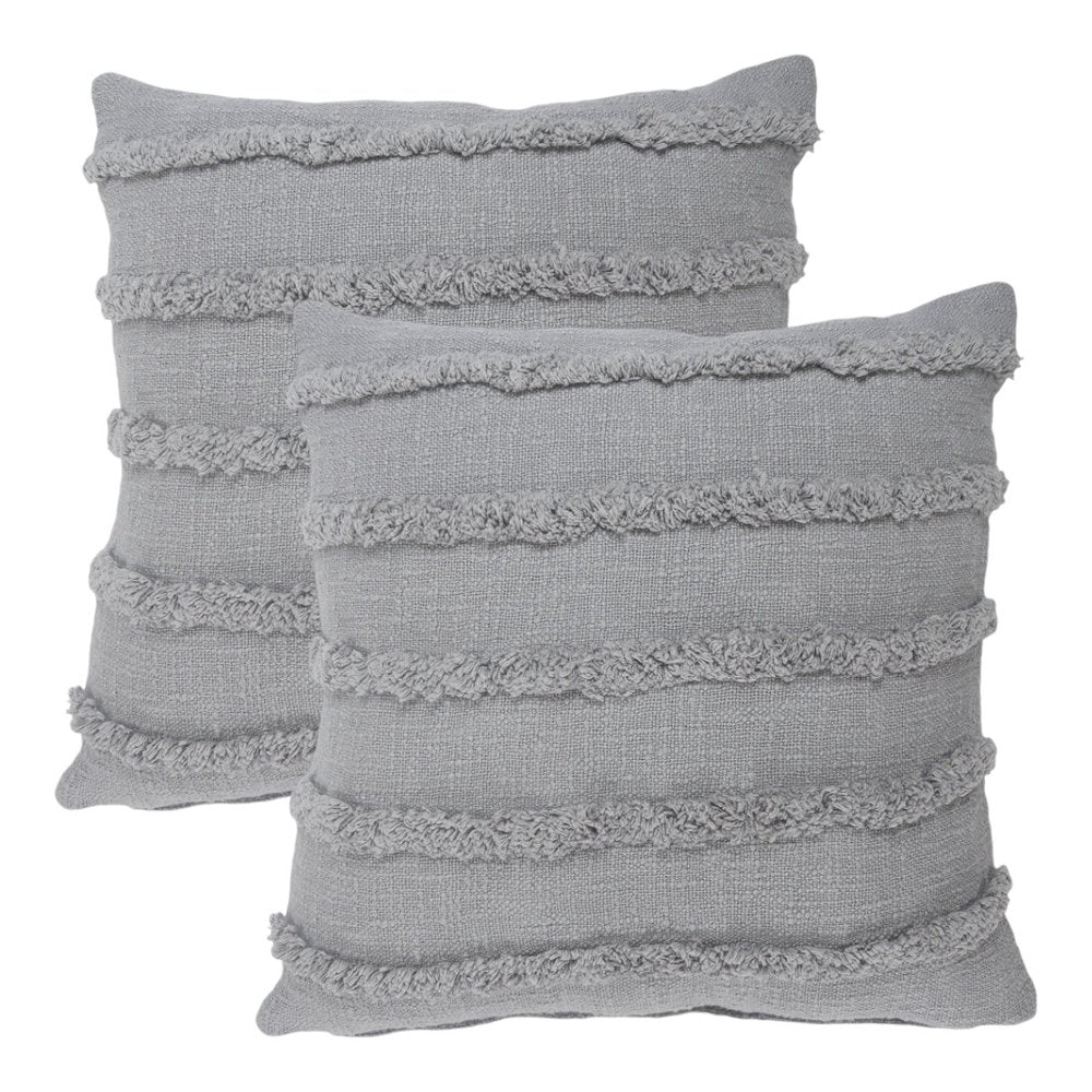 Set of Two Navy Blue Ribbed Cotton Throw Pillow With Fringe