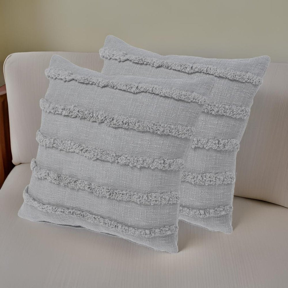 Set of Two Navy Blue Ribbed Cotton Throw Pillow With Fringe