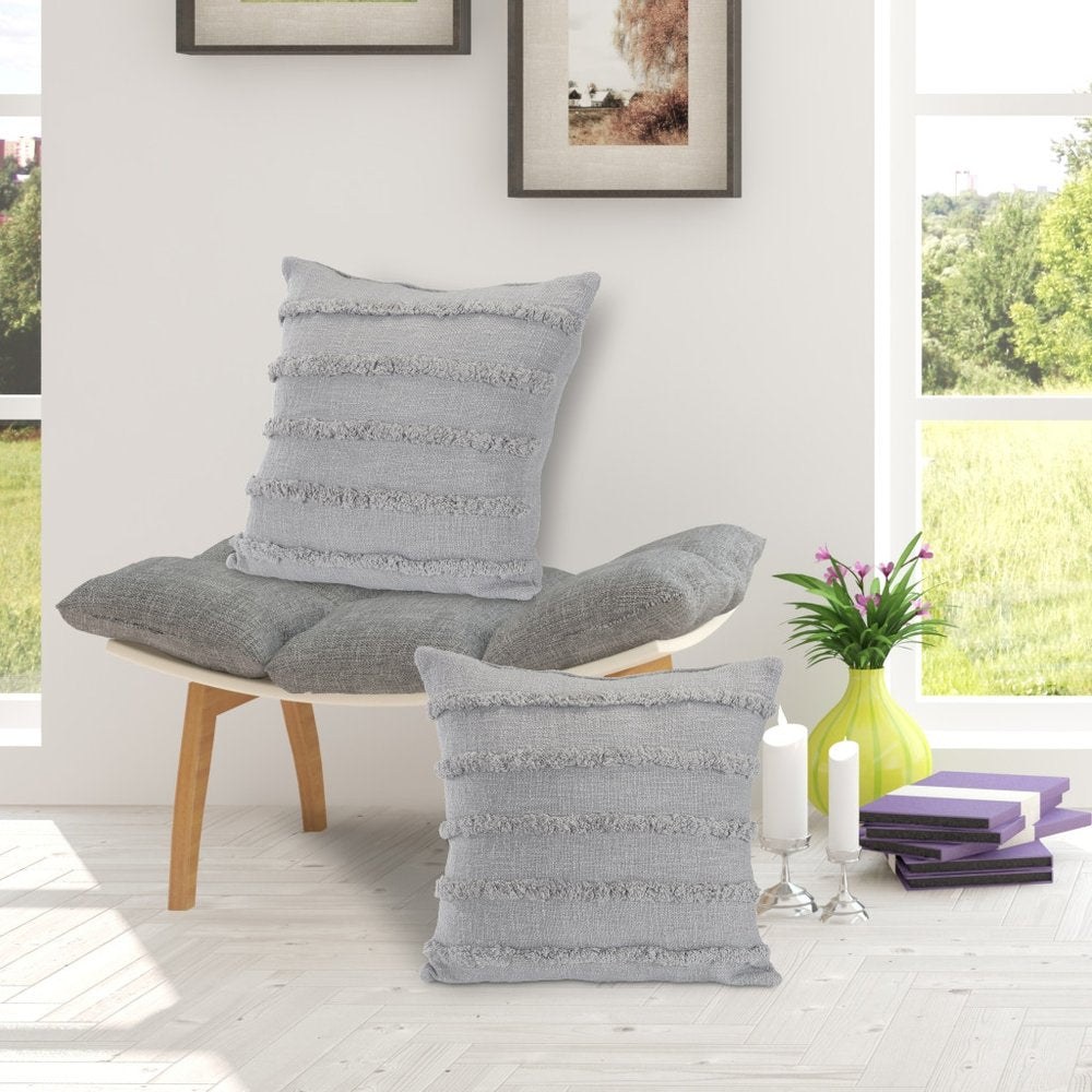 Set of Two Navy Blue Ribbed Cotton Throw Pillow With Fringe