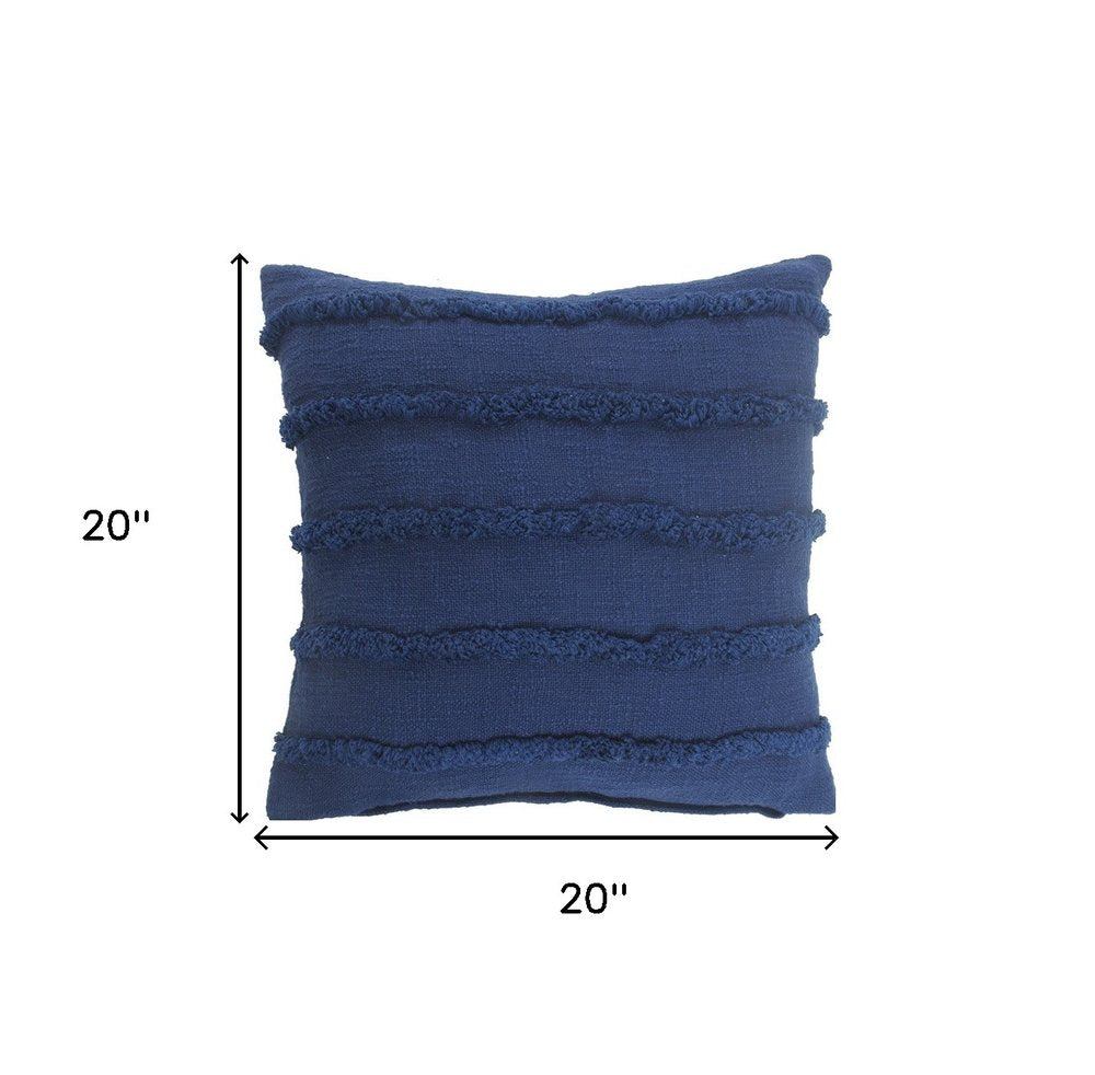 Set of Two Navy Blue Ribbed Cotton Throw Pillow With Fringe