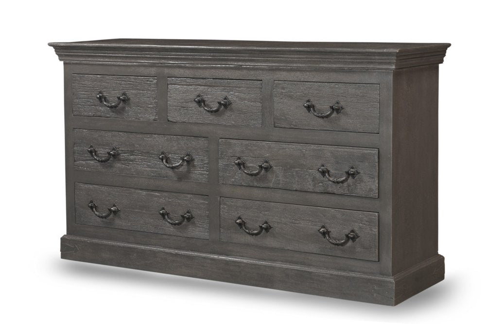 64" Brown Distressed Solid and Reclaimed Wood Seven Drawer Double Dresser