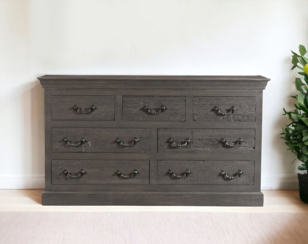 64" Brown Distressed Solid and Reclaimed Wood Seven Drawer Double Dresser
