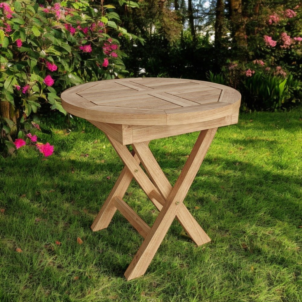 Mesa auxiliar plegable para exteriores de madera maciza natural redondeada de 20"