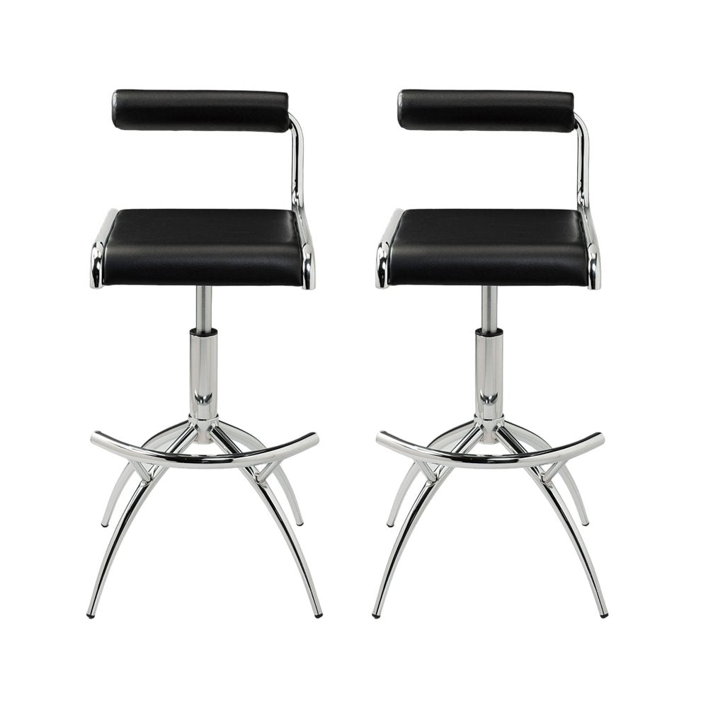 Set of Two Black and Silver Faux Leather and Metal Low Back Adjustable Height Bar Chairs