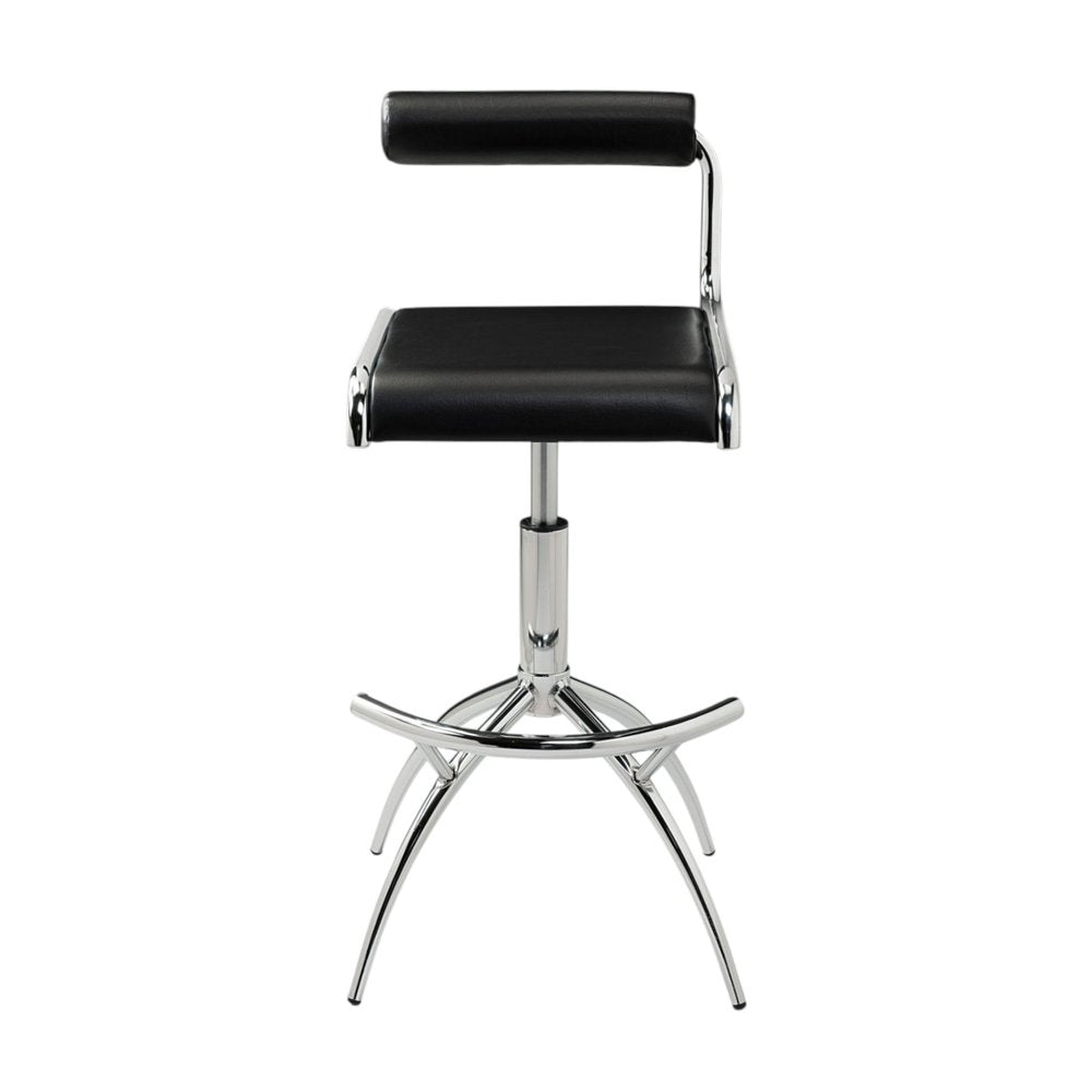 Set of Two Black and Silver Faux Leather and Metal Low Back Adjustable Height Bar Chairs