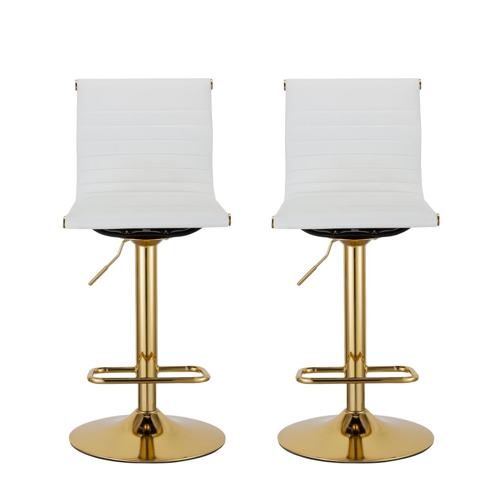 Set of Two White and Gold Faux Leather and Metal Low Back Adjustable Height Bar Chairs