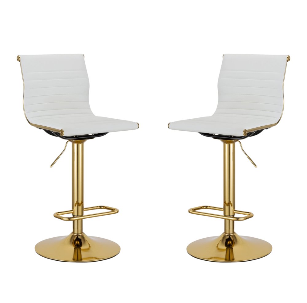Set of Two White and Gold Faux Leather and Metal Low Back Adjustable Height Bar Chairs
