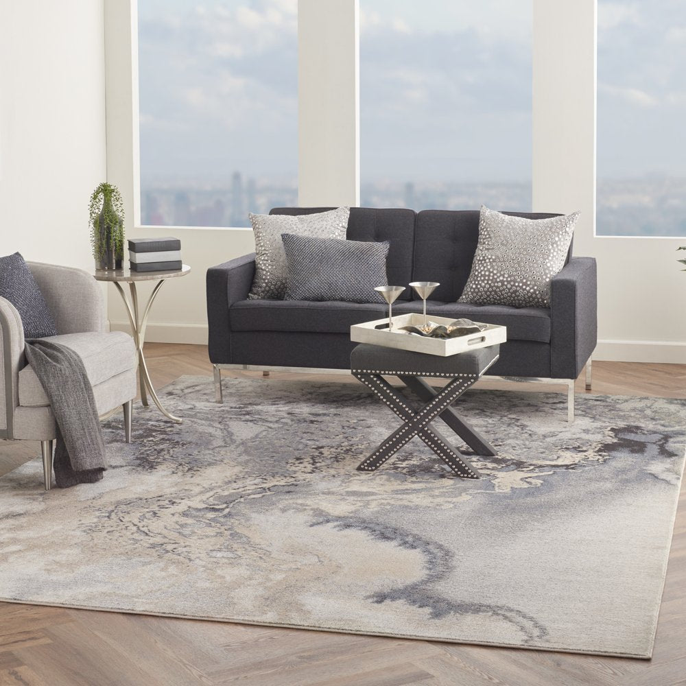 9' X 13' Gray Black and Ivory Abstract Area Rug