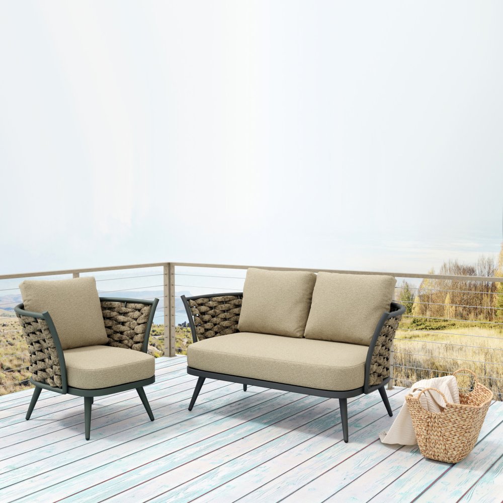 Sillón de exterior de aluminio tejido gris y topo de 81 cm con cojín topo