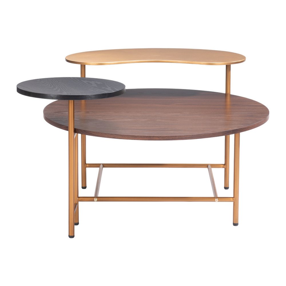 55" Brown Black and Gold Wood and Steel Three Tier Coffee Table