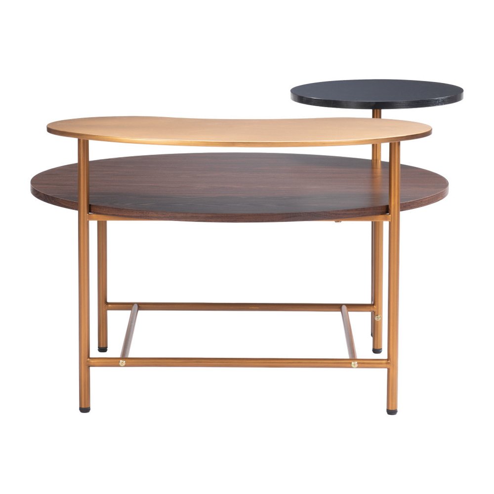 55" Brown Black and Gold Wood and Steel Three Tier Coffee Table