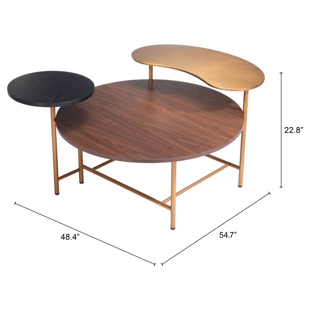 55" Brown Black and Gold Wood and Steel Three Tier Coffee Table