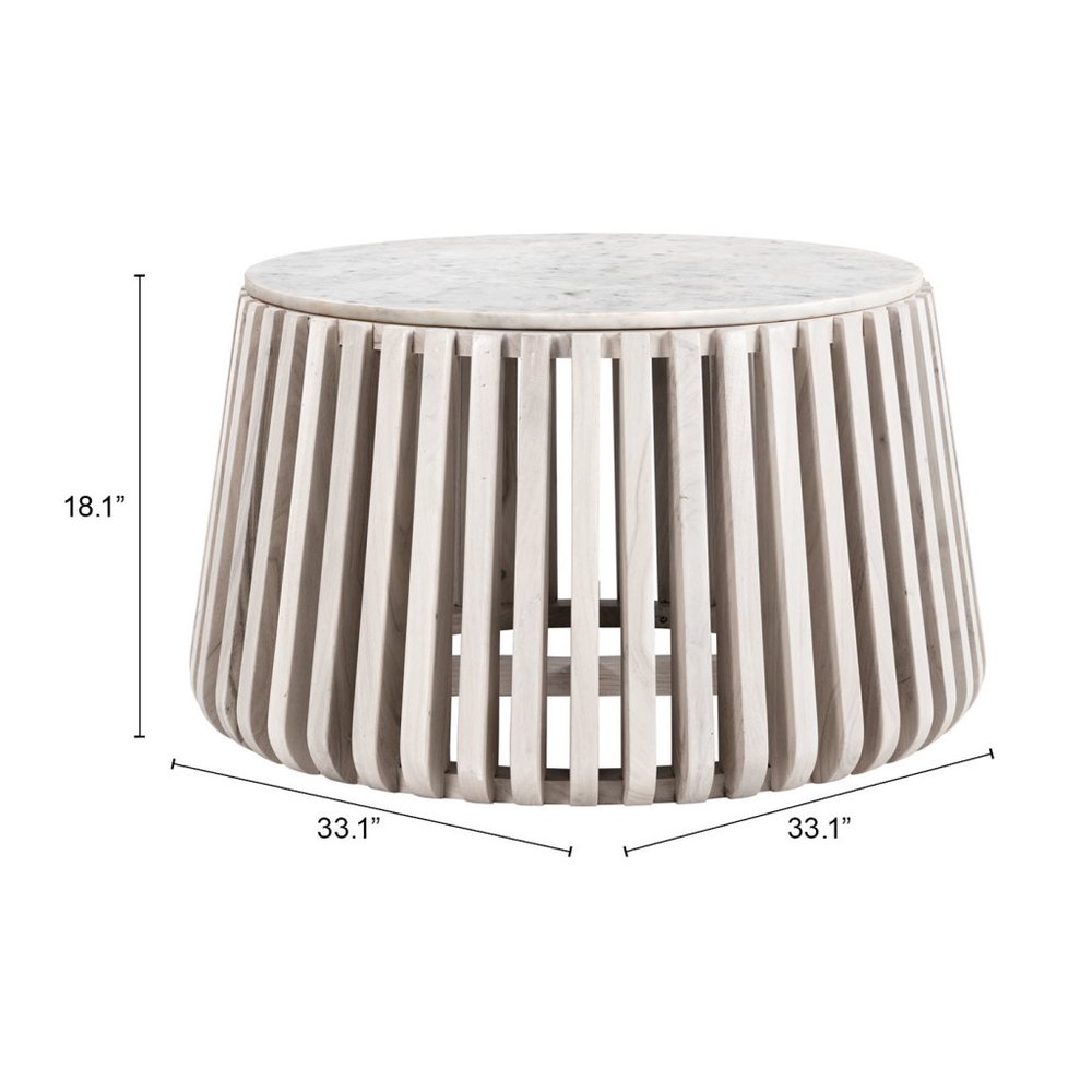 34" White and Natural Genuine Marble and Wood Round Drum Coffee Table