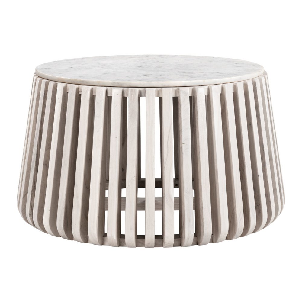34" White and Natural Genuine Marble and Wood Round Drum Coffee Table