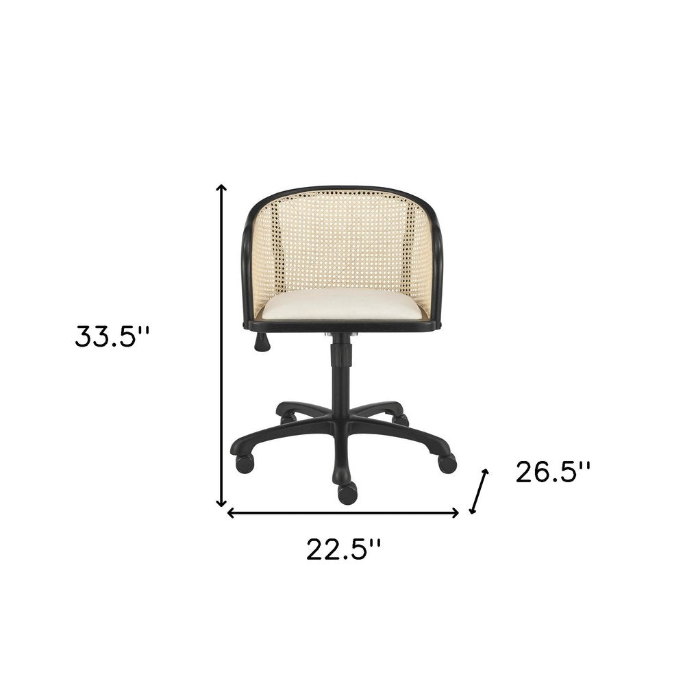 Beige and Black Solid Wood Steel And Cane Rattan Adjustable Swivel Rolling Office Chair