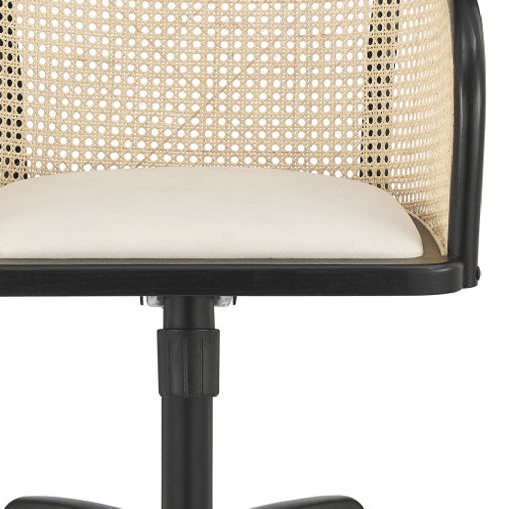 Beige and Black Solid Wood Steel And Cane Rattan Adjustable Swivel Rolling Office Chair