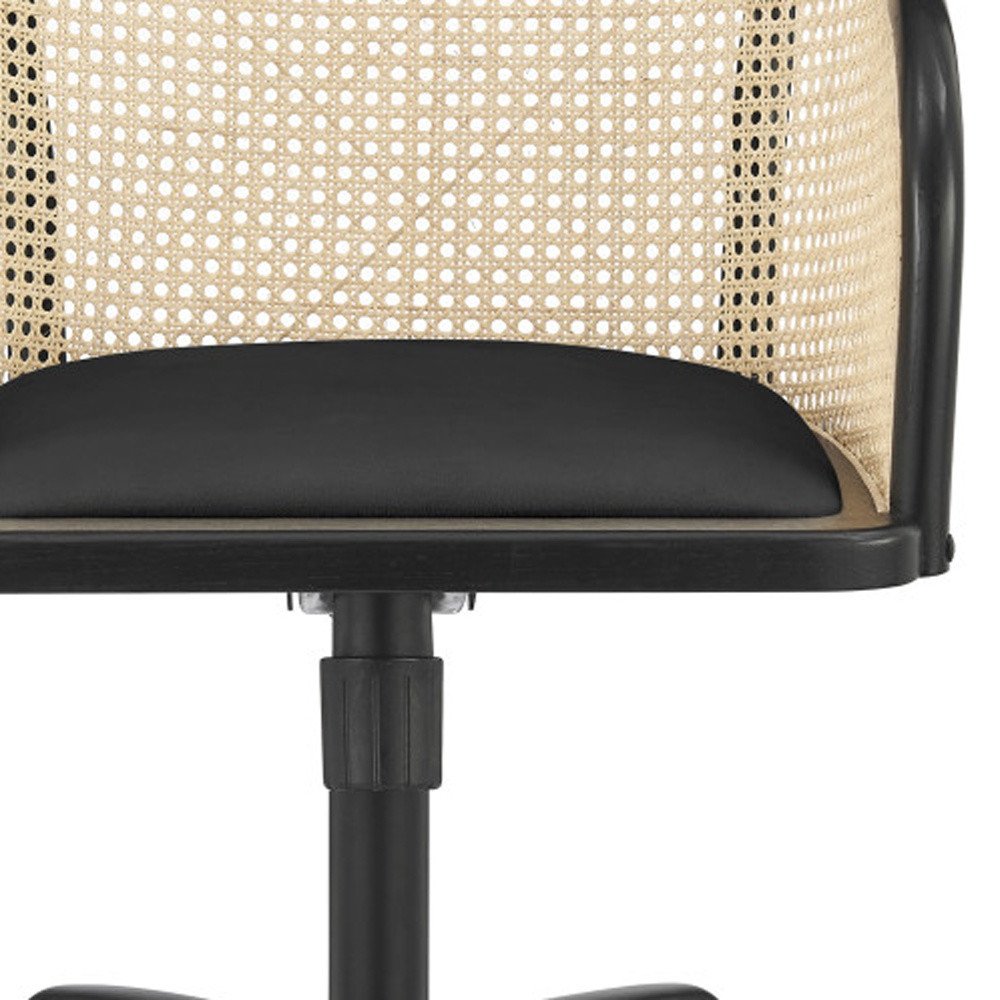 Beige and Black Solid Wood Steel And Cane Rattan Adjustable Swivel Rolling Office Chair