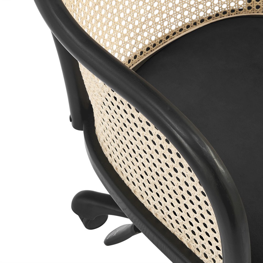 Beige and Black Solid Wood Steel And Cane Rattan Adjustable Swivel Rolling Office Chair