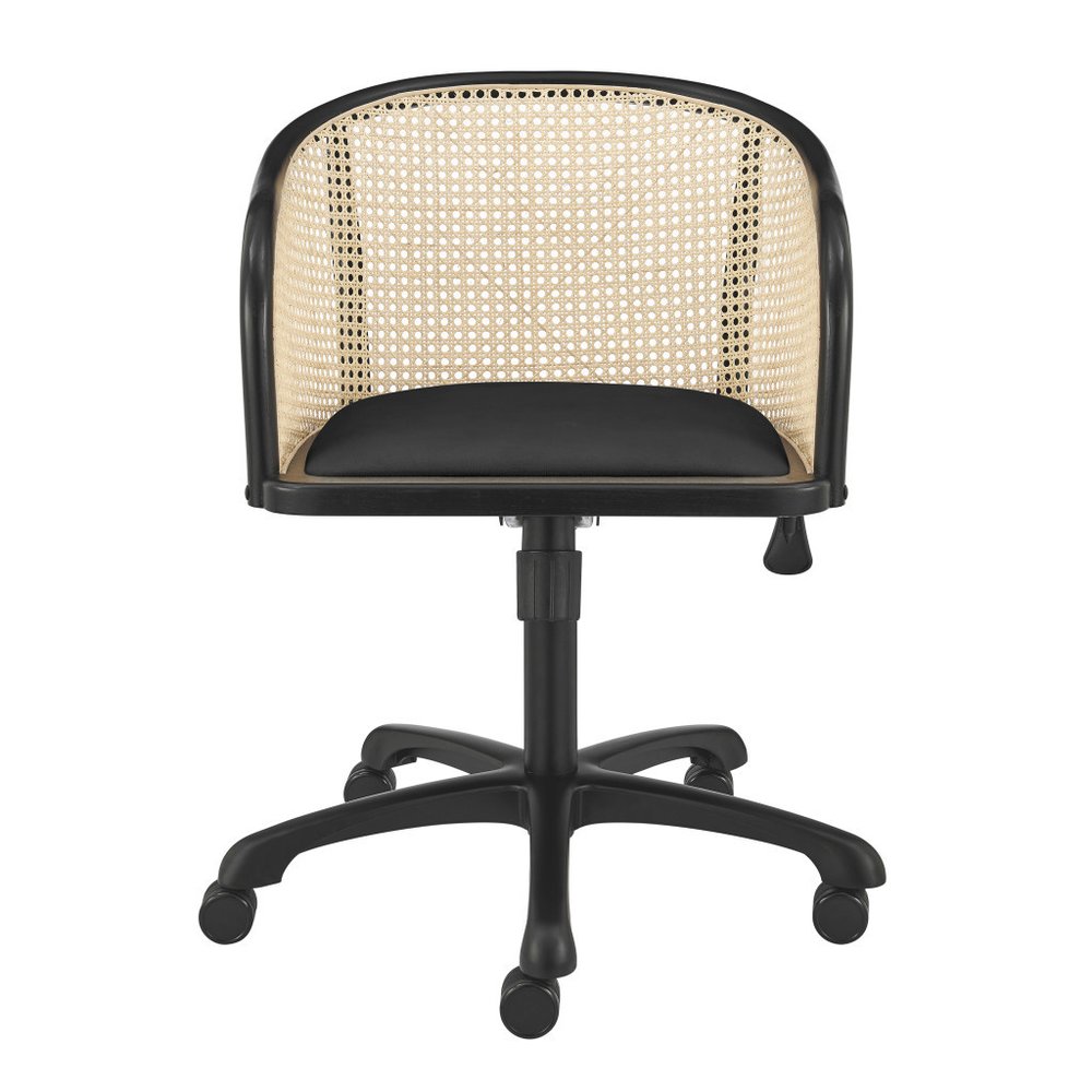 Beige and Black Solid Wood Steel And Cane Rattan Adjustable Swivel Rolling Office Chair