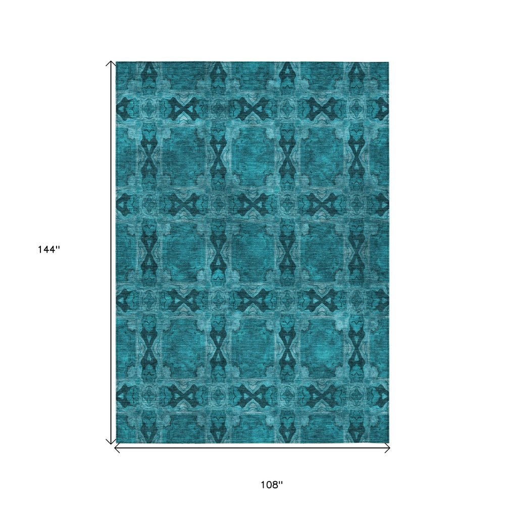 9' X 12' Teal Floral Medallion Washable Non Skid Indoor Outdoor Area Rug