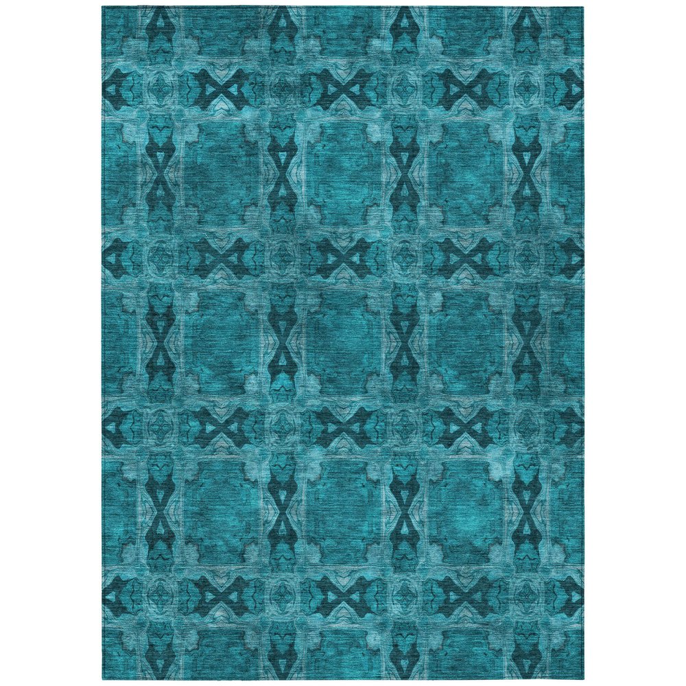 9' X 12' Teal Floral Medallion Washable Non Skid Indoor Outdoor Area Rug