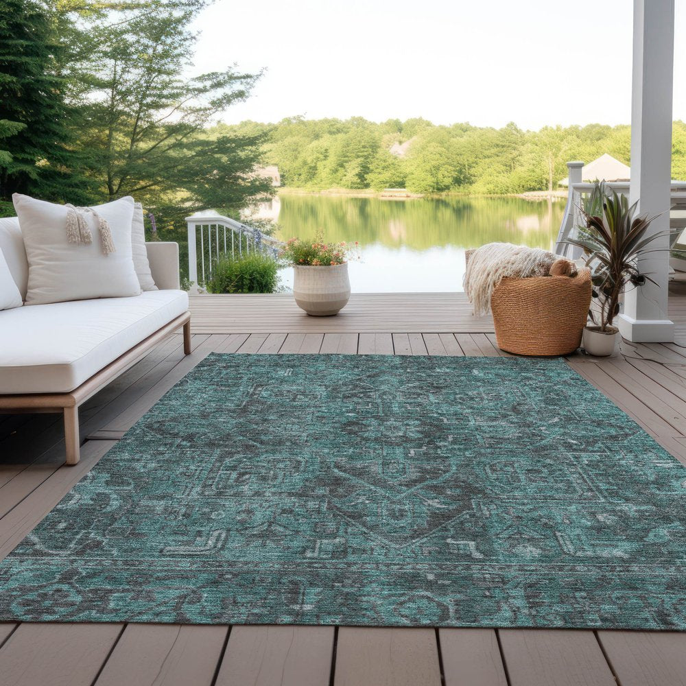 9' X 12' Turquoise Oriental Washable Non Skid Indoor Outdoor Area Rug