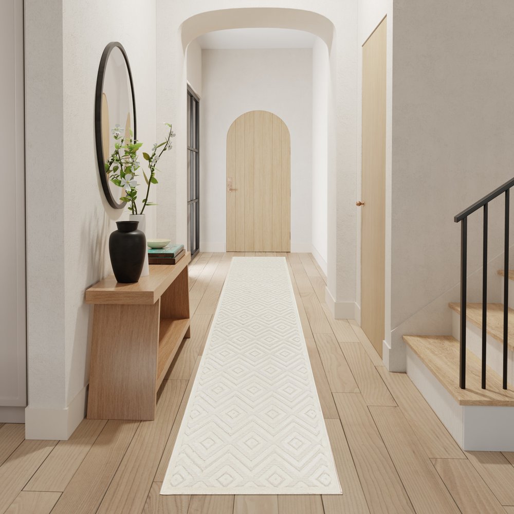 10' Ivory And White Geometric Indoor Outdoor Runner Rug