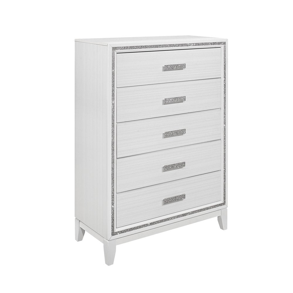 49" White And Silver And Faux Wood And Crystal Bling Lighted Five Drawer Dresser