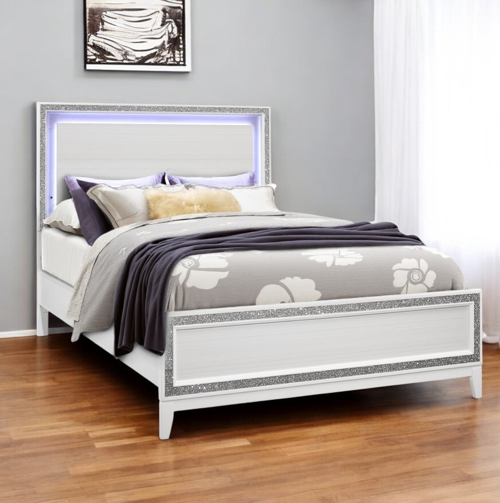 Marco de cama tamaño king con iluminación brillante de madera blanca y cristales sintéticos