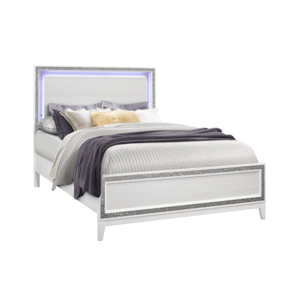 White Faux Crystal Bling Lighted Queen Bed Frame
