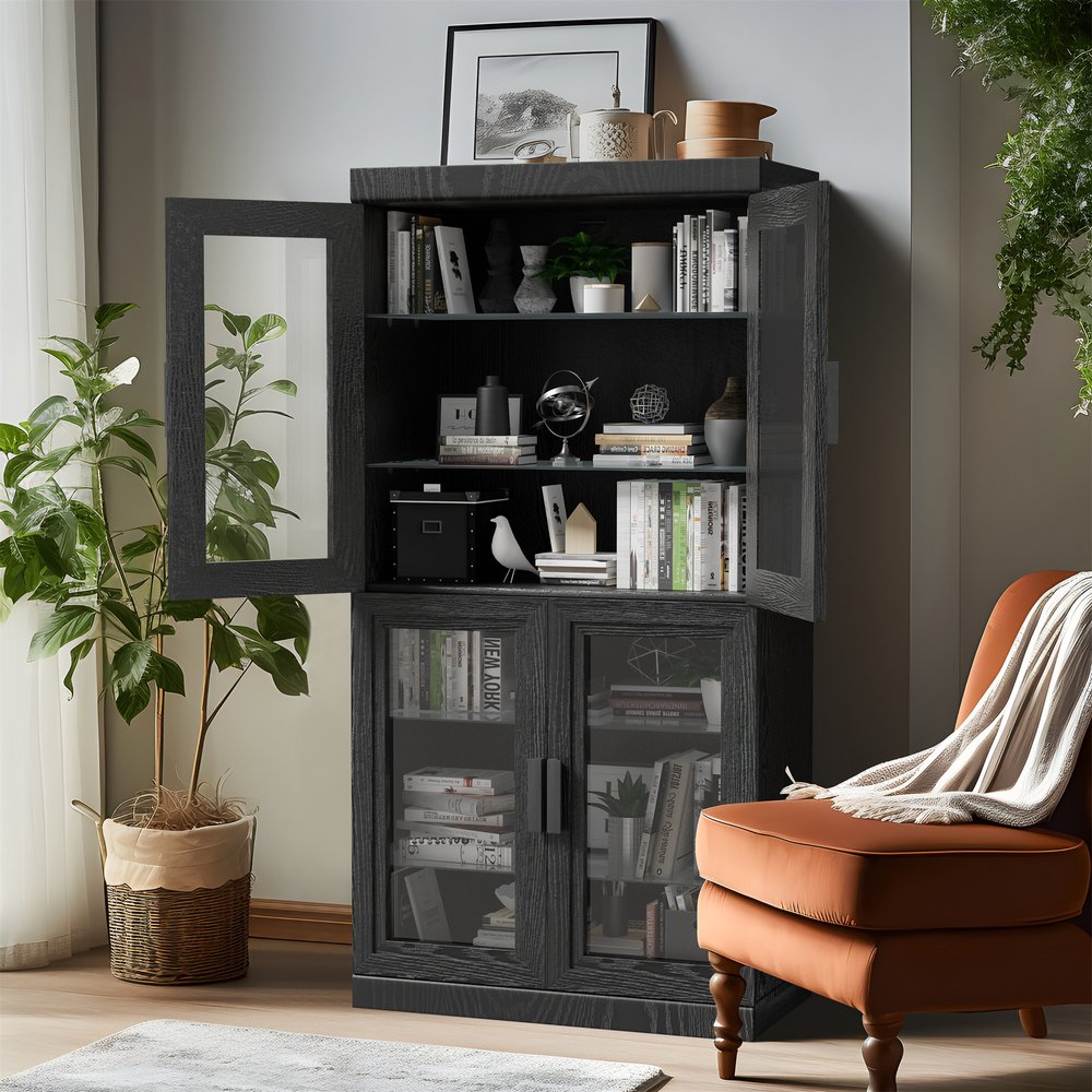 Gabinete decorativo de 31" con puerta de vidrio transparente y negro y tres estantes