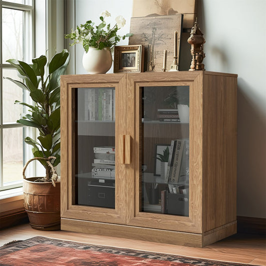 Gabinete decorativo de 31" con puerta de vidrio natural y transparente y tres estantes