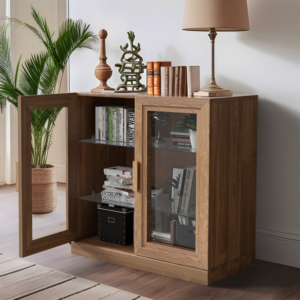Gabinete decorativo de 31" con puerta de vidrio natural y transparente y tres estantes