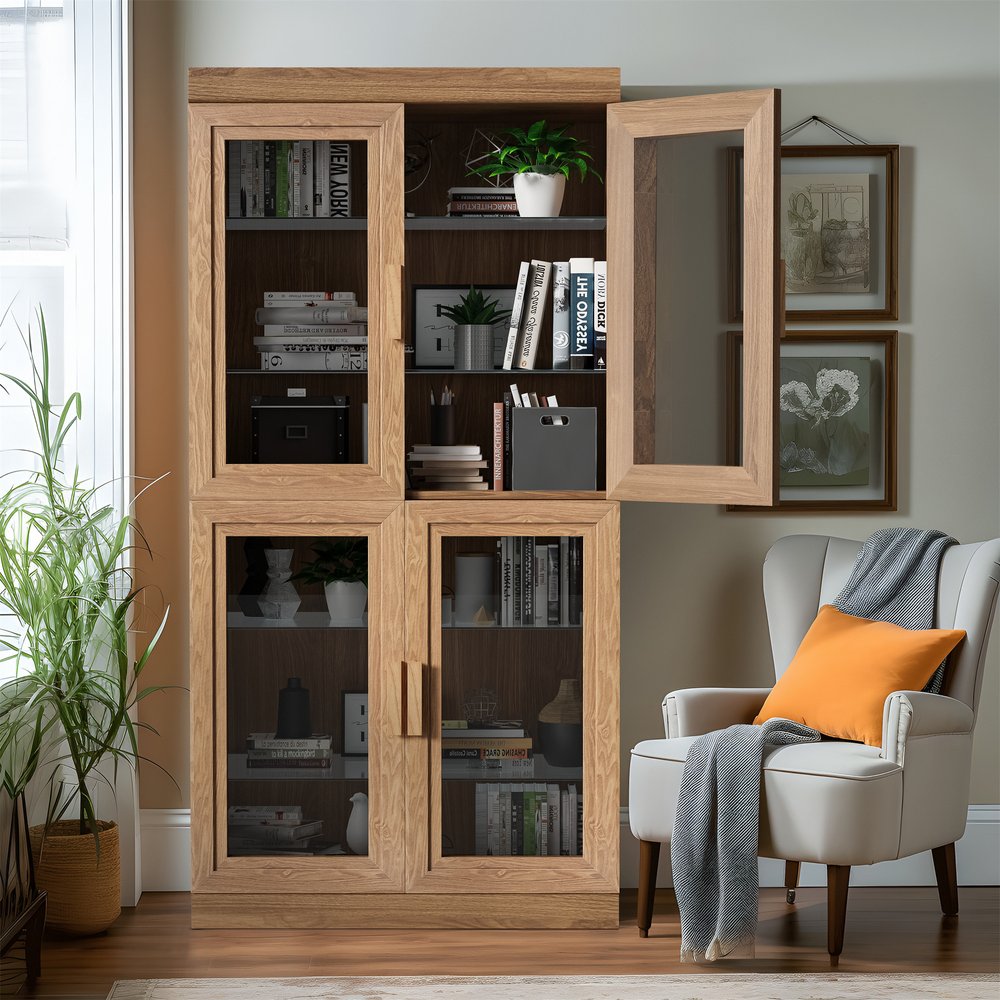 Gabinete decorativo de 31" con puerta de vidrio natural y transparente y tres estantes