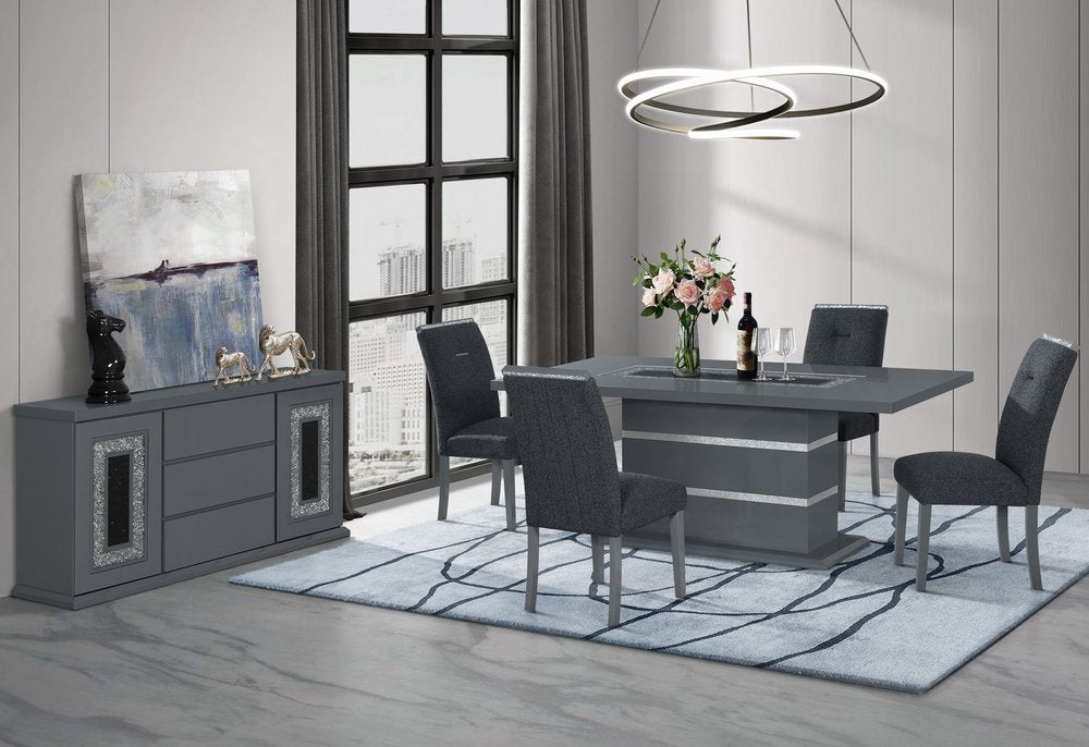 79" Dark Gray Faux Crystals Glass and Wood Pedestal Base Dining Table